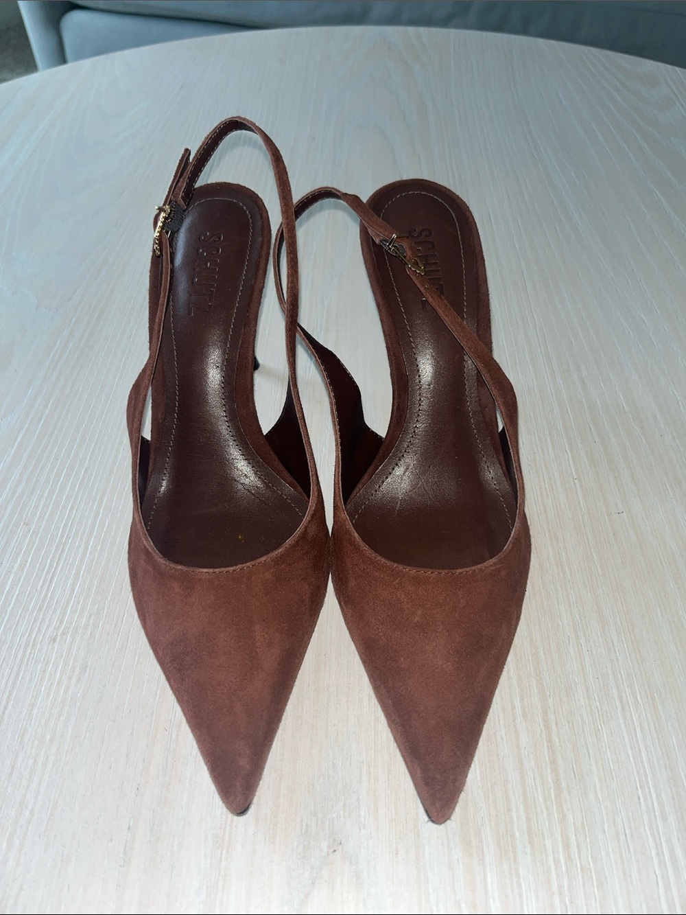 SCHUTZ Brown Suede Pointed-Toe Slingback Heels